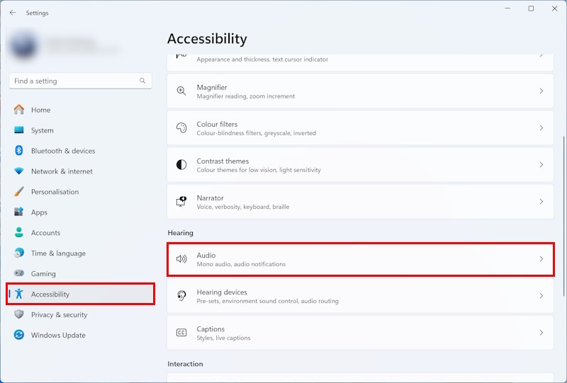 Open the Accessibility settings and click Audio